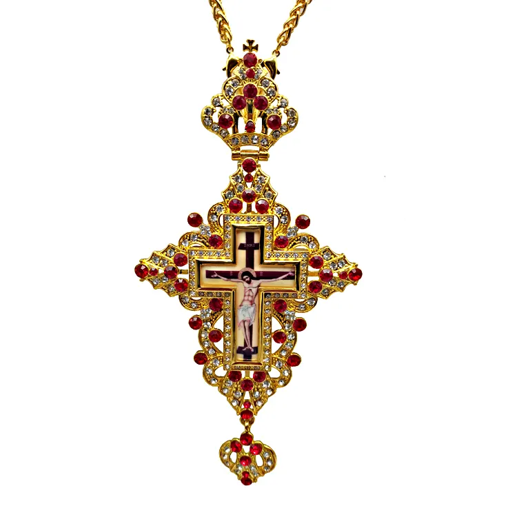 Yunan ortodoks cam elmas göğüs çapraz kolye ile alaşım büyük altın zincir piskopos için hediye
