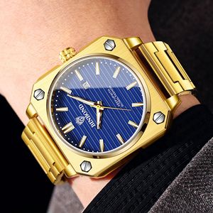 Binbond Men's Watch Gold Stainless Steel Quartz Blue Dial Luminous Calendar Square Fashion Watch - Product Image 2