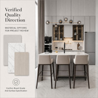 Meubles de cuisine modulaires gris et blancs sur mesure avec vitrine en verre, plans de travail en marbre, évier, robinet et appareils muraux