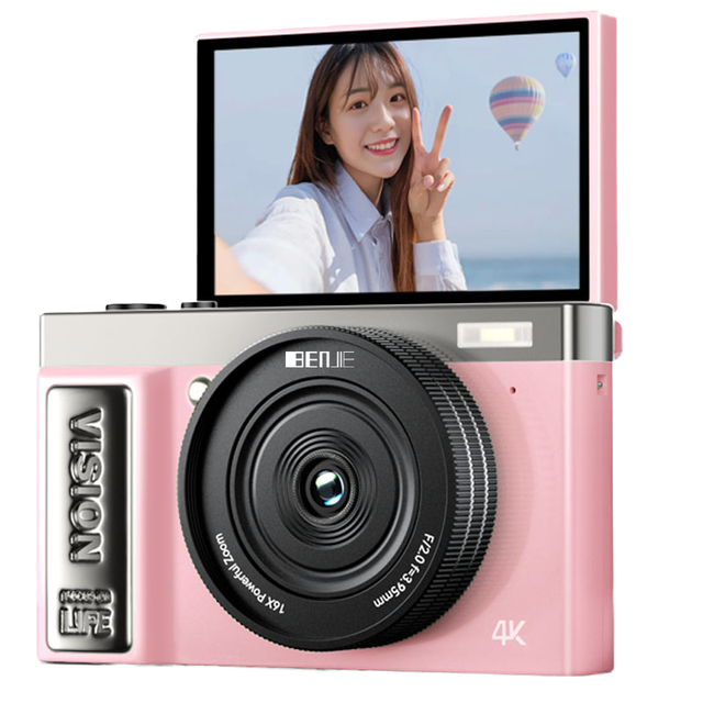 Benjie 4K Digital Camera 64MP Sensor 16X Zoom 3" 180 Flip Screen 32GB for Card Waterproof Shockproof Aluminum EIS for
