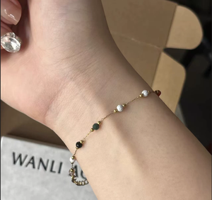 Pulsera de cadena chapada en oro con piedra natural y perla de imitación, estilo bohemio, regalo de joyería para mujer - Product Image 3