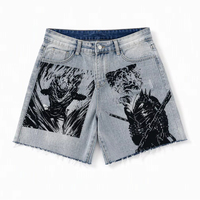 Celana Pendek Denim Unisex Motif Hewan Cuci Terang Raw Hem Lima Kantong Kasual Streetwear Musim Panas J0806