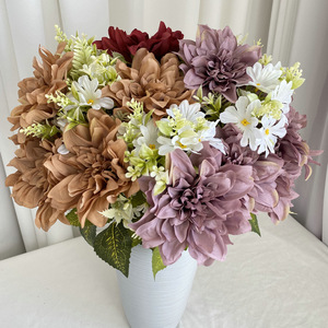 Flores Artificiales Suzume Ii, Dalia de Nueve Cabezas, 47 cm, Serie Morada, Decoración para Bodas y Hogar, Arreglo Floral Hecho a Mano - Product Image 1