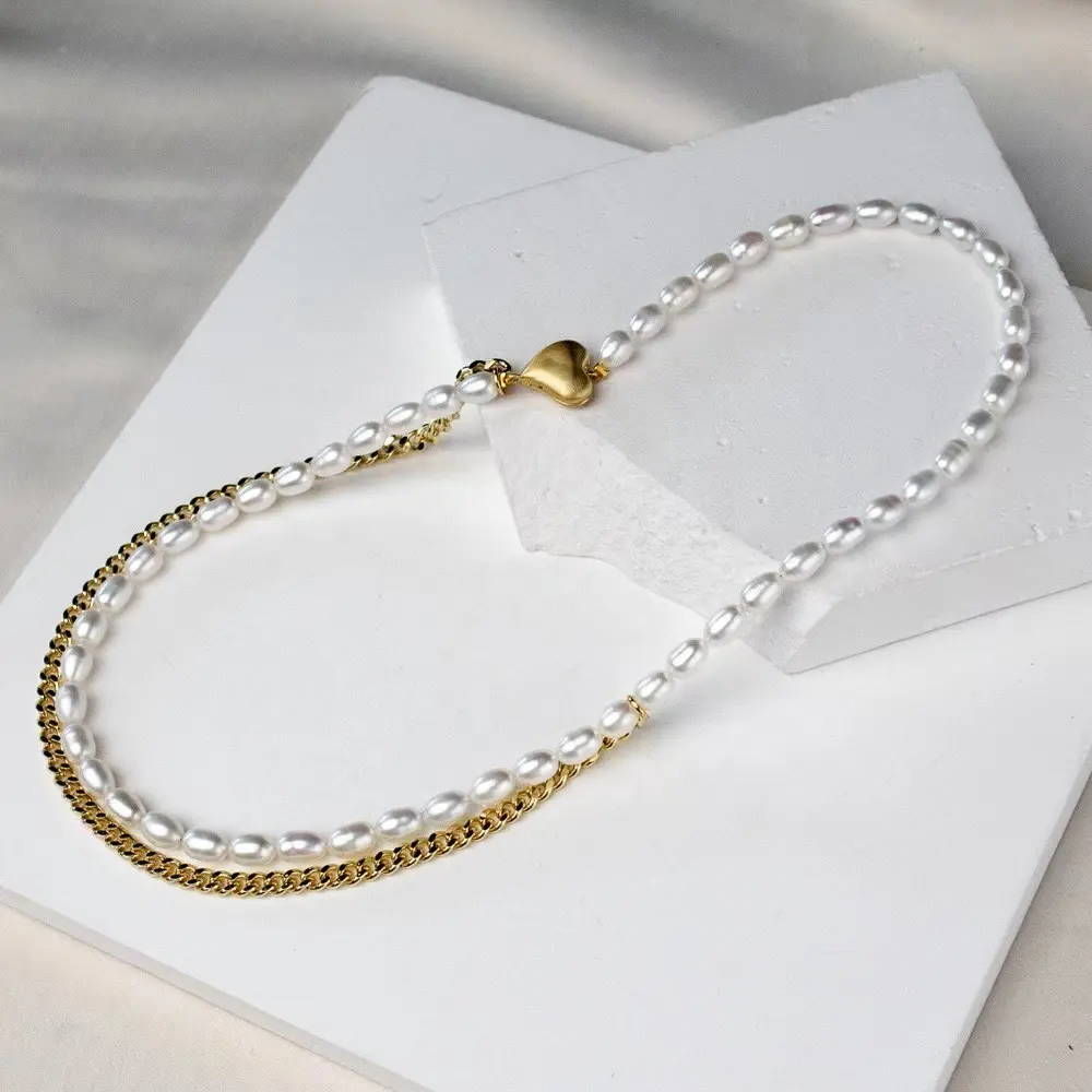 Fashion Cuba Link Chain Necklace Natural Freshwater Pearl Choker New Heart Gold Plated Jewelry Women Gift