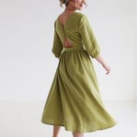 Découpe évasée col en V ample personnalisé 100% pur lin robes mi-longues élégant manches courtes bouffantes femmes luxe 2022 avec fermeture éclair bouton