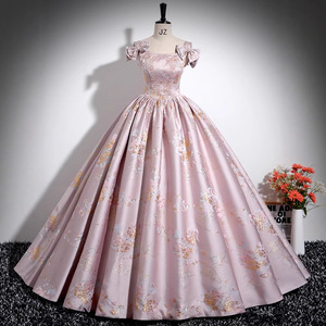 Off The Shoulder Floral Print Ball Gown Evening Dress Satin Empire Waistline Princess Dress For Birthday Party Bridal Banquet - Product Image 1