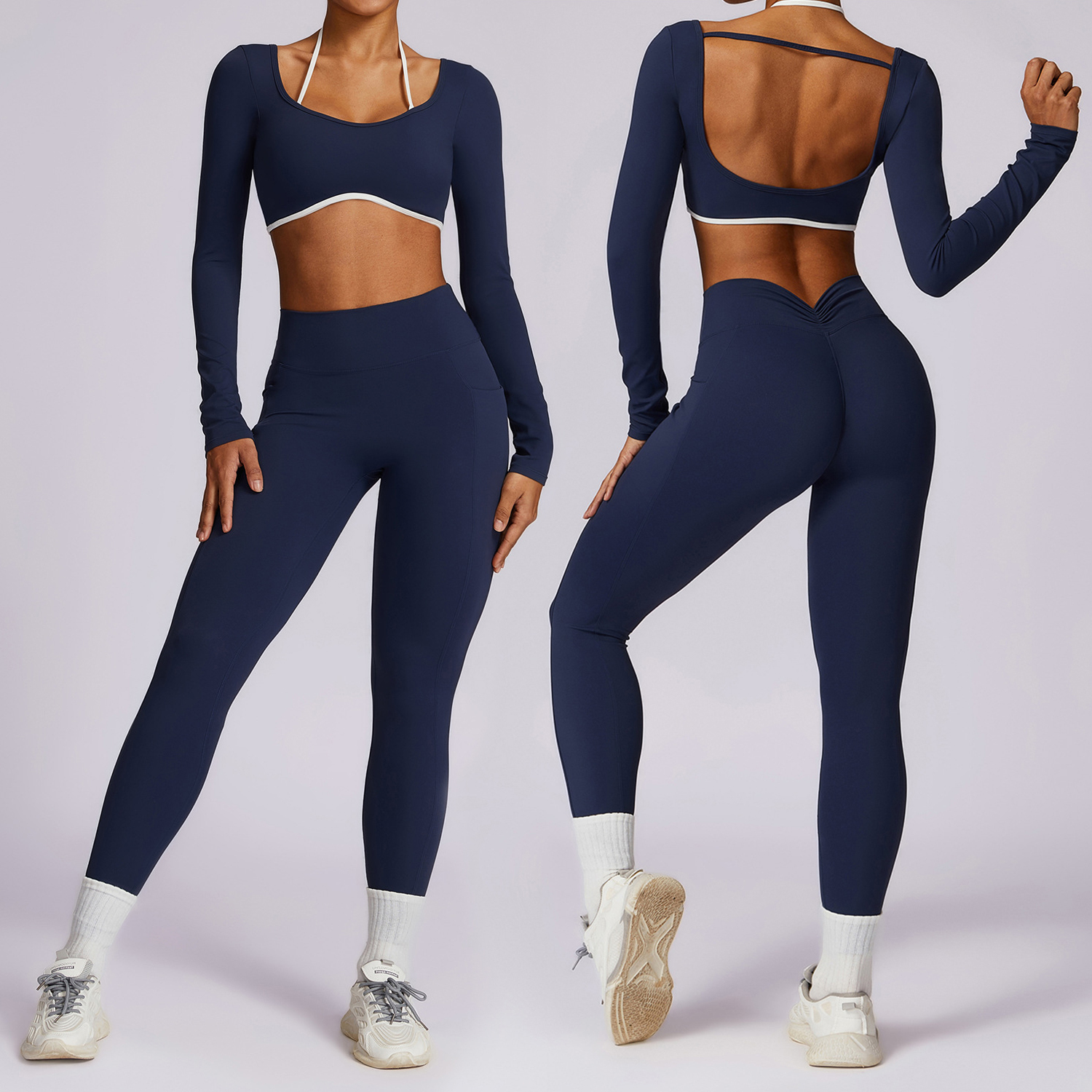 DTZ8605-2 Yoga Suit Long Sleeve Vest Breathable Beautiful Back Sports Lingerie Slim Fit and Slim Fitness Pants Three-piece Set