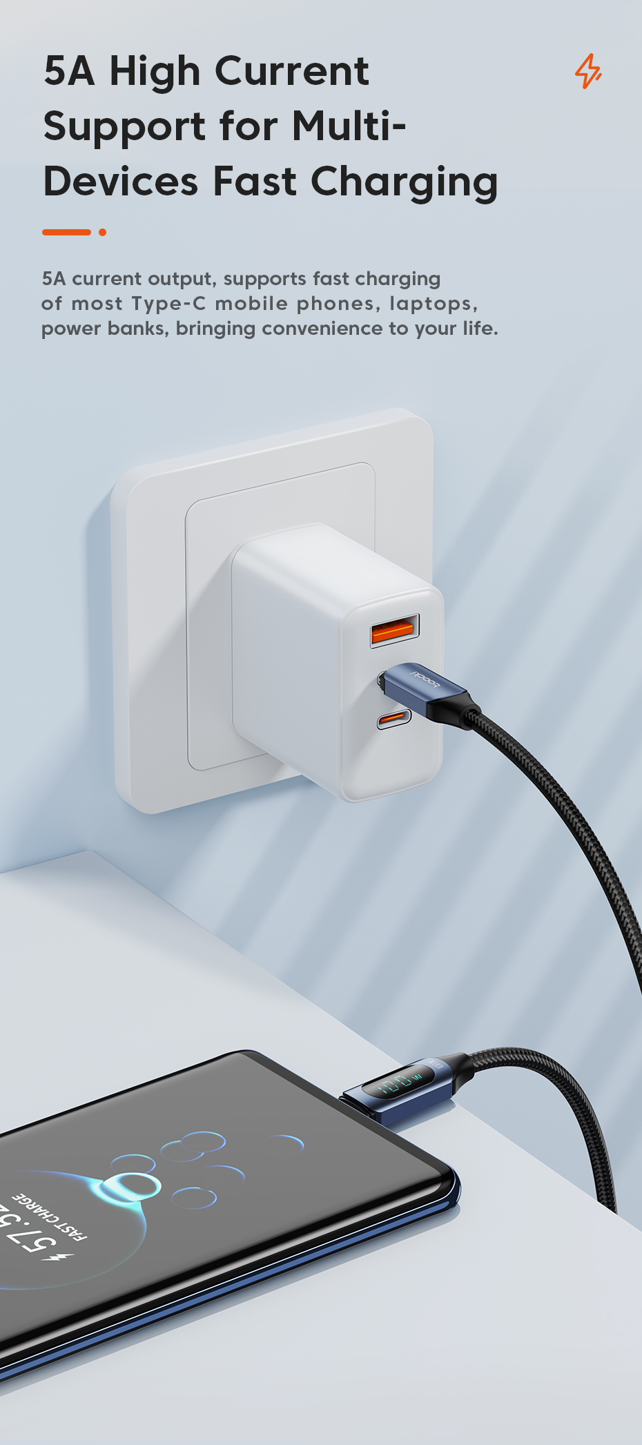 Кабель Toocki Type-C PD100W 5A (1м) з дисплеєм