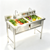 Wastafel Utilitas 2 Kompartemen Stainless Steel Berdiri Sendiri dengan Backsplash, 2 Keran, dan Kaki yang Dapat Disesuaikan