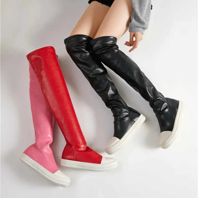 2022 New Fashion Red/Pink Soft Leather Material Over Knee High Women's Flat Boots for Fall