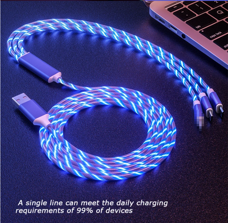 Fast Charging Cable 3 IN 1 Type C 3A LED Colorful Charging USB Cable Lightning Flashing Cable