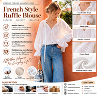 Blus Wanita Katun Voile Putih Ruffle Kerah Ikat Lengan Puff Manset Melebar Gaya Boho Romantis Prancis Produsen OEM ODM