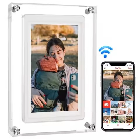 Digital Gift NFT Transparent Multilanguage WiFi Touch Screen Solid Wood Acrylic Photo Frame with MP3 Support