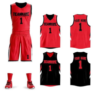 Paket seragam basket penuh, Quickdry tersublimasi reversibel warna merah desain seragam basket Eropa - Product Image 1