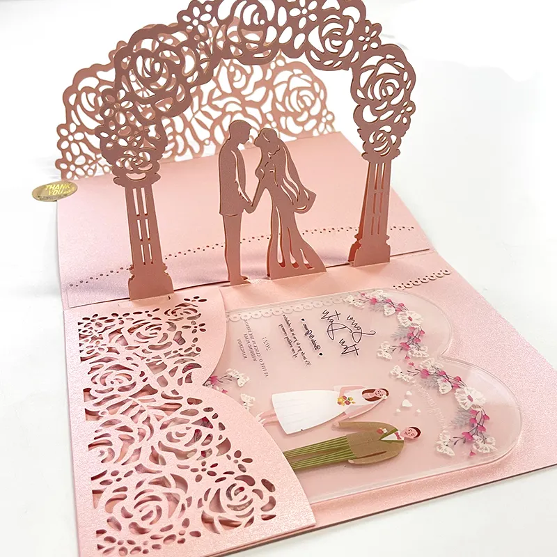 Invitations de mariage à impression personnalisée Carte de voeux pop-up 3D élégante de luxe avec envolpe et autocollants Carte de voeux pour les entreprises