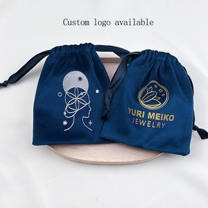 Pochette à bijoux en velours épais bleu foncé avec cordon de serrage, sac cadeau en velours doux de luxe pour collier, bracelet, emballage, logo personnalisé accepté - Product Image 4
