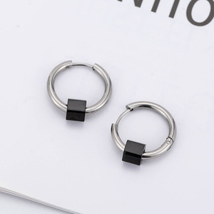 Hoop Earrings <b>Titanium</b> Steel Geometric Black Cube Simple Design For Women Fashion Jewelry - Product Image 4