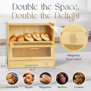 Wooden Bread <b>Storage</b> <b>Box</b> Double Layer With Glass Door Kitchen Bread <b>Bin</b> Solid Wood Desktop Breadbox For Fresh Loaf <b>Storage</b> - Product Image 3
