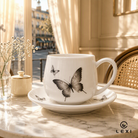 Ensemble tasse et soucoupe à café en porcelaine vintage motif papillon 350 ml, blanc élégant, pour le thé de l'après-midi, décoration intérieure, cadeau, table, cuisine, vente en gros