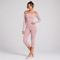YIYI Conjunto de Yoga de 2 Piezas: Camiseta de Manga Larga sin Espalda con Hombro Descubierto y Leggings Capri de Cintura Alta para Fitness y Gimnasio