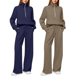 Wholesale Women Two <b>Sets</b> Breathable Polyester Tracksuit Half Zip Pullover Sweatshirt Wide Leg Sweatpants - Product Image 6