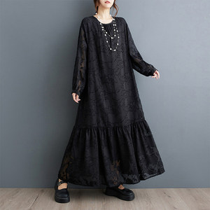 Nuovo Abito Lungo da Donna 2026 all'Ingrosso, in Jacquard Trasparente con Motivo Burnout, Maniche a Vescovo, Orlo Arricciato, Vestibilità Ampia, Stile Vintage, Taglie Forti, Elegante e <span class=keywords><strong>Chic</strong></span> per l'Autunno - Product Image 1