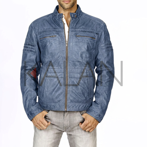 KLJM5 Veste en cuir de mouton à col montant pour homme 100% toile grise en coton texture cirée avec bouton à boucle pression - Product Image 2