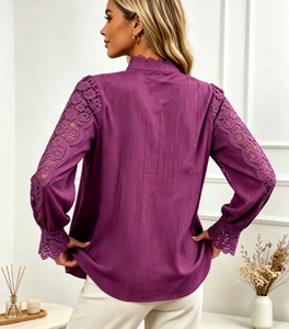 Blusa de Mujer para Primavera/Verano, Cuello Alto Francés, Manga Larga, Encaje Floral Calado, Botones de Perla, Elegante, Casual, para Diario o Fiesta - Product Image 2