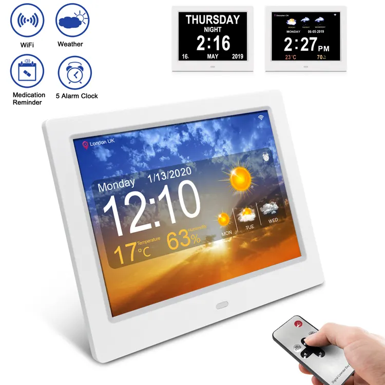 Digital Calendar Alarm Day Clock - with 8" Large Screen Display, 5 Alarm, for Extra Large Impaired Vision People