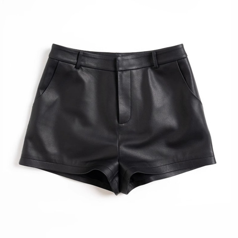 2040-2 Wholesale Casual Leather Short Pants Middle Waist Wide-leg Genuine Leather Shorts for Women Ladies