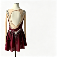 Robe de patinage artistique bordeaux à col rond, manches longues, dos ouvert à grand cercle, ornée de strass, pour compétition, pour filles et femmes