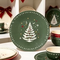 Vintage Dunkelgrüner Handgefertigter Runder Teller mit Farbigen Weihnachtsbaum-Aufklebern, Dekorative Feiertagsplatte, Haushaltsgeschenk