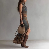 Nouvelle jupe longue asymétrique vintage 2026, imprimée patchwork, taille haute ajustée, fente avant, logo tricoté
