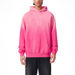<b>Men</b> Regular Fit Hooded Sweatshirt Striped <b>Pink</b> Cotton Fleece Embroidered Casual Pullover with Pocket Autumn Wear - Product Image 1