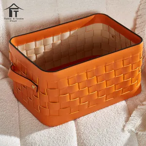 Luxury Home Decor Accessories Orange Woven Leather Basket Ornaments Showpieces For Home Decoration