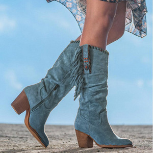 Venta al por mayor <span class=keywords><strong>botas</strong></span> de borlas de media pantorrilla para <span class=keywords><strong>mujer</strong></span> invierno nueva moda Retro cabeza grueso tacón alto cuero de gamuza mate ESTILO OCCIDENTAL - Product Image 5