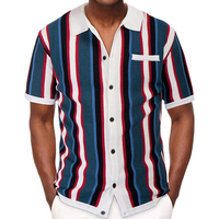 Summer Cardigan Kurzarm Gestricktes Herren T-Shirt Lässiges Revers Gestreiftes Strick-Polos hirt für Herren