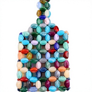 Bolso de mano cuadrado de moda, versátil, tejido calado con contraste de color, diseño exclusivo, borla y cuentas, cierre abierto, para uso diario - Product Image 3