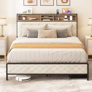 Adjustable Platform <b>Bed</b> Frame Charging Station Velvet Upholstered Storage Headboard Footboard Metal Slats Supports Mattress - Product Image 3
