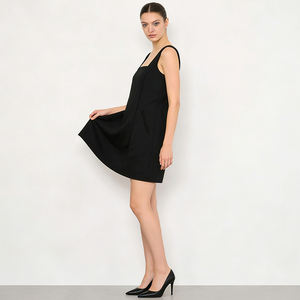 Mini vestido negro sin mangas con cuello cuadrado para mujer |   Vestido de Trabajo Estructurado en Línea A con Bolsillos Laterales (Tela/Color Personalizable) - Product Image 4