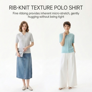 Top de Punto con Cuello Polo Elegante para Mujer, Mezcla de Cachemira y Triacetato al 70%, Manga Corta de Verano, OEM - Product Image 3