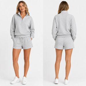 Ensembles demi-zippés pour femmes, pull en molleton doux et short, ensemble deux pièces décontracté, coupe ample, vêtements de sport personnalisés à marque privée - Product Image 2