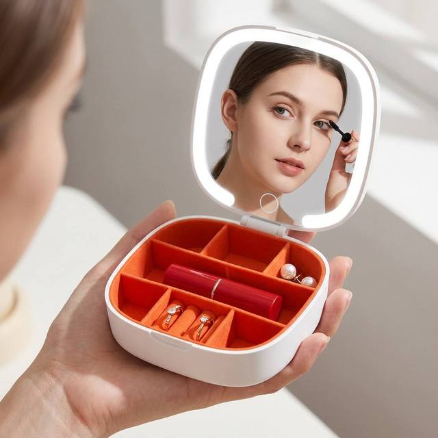 CF Rechargeable Smart Touch Dimmable Portable Compact Cosmetic Case 2 in 1 LED Makeup Mirror Travel Jewelry Box for Ring Earring