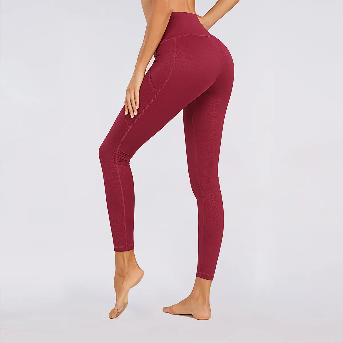 Legging Olahraga Wanita, Celana Ketat Fitness Gym Olahraga Merah dengan Saku, Legging Kompresi Pinggang Tinggi Pabrik Grosir