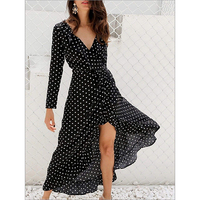 Automne sur mesure en mousseline de soie à pois taille sangle robe à volants noir longue robe femmes tenue décontractée