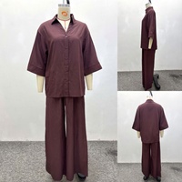 Ensemble deux pièces tendance pour femme : chemise boutonnée unie à col en V et pantalon large africain assorti – Collection Streetwear
