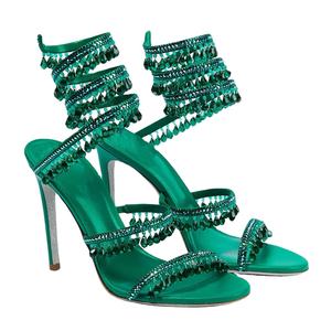 Nouvelles sandales américaines en satin à talons hauts pour femmes, avec pendentif en cristal, motif serpent enroulé, strass et pompon décoratif, à enfiler, sexy - Product Image 4