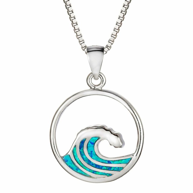 Golden Wave Blue Opal Circle Lariat Necklace Box Chain Christian Copper Alloy Silver Plated Minimalist Jewelry Women Gift
