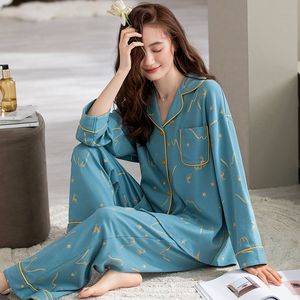 Set piyama motif bunga kustom Premium untuk wanita, setelan piyama motif bunga elastis elegan pinggang rajut untuk musim dingin musim gugur musim semi - Product Image 5