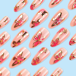 Puntas de Uñas Almendradas con Flores Doradas 3D, Estilo Delicado, Reutilizables, 24 Piezas - Product Image 6